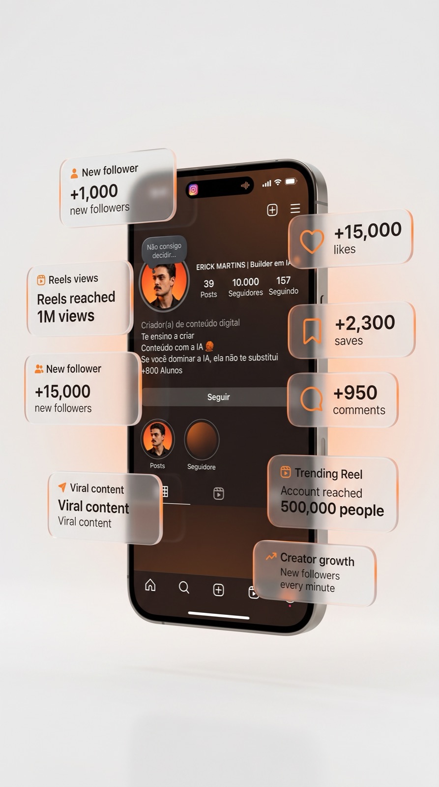 Celular com perfil de Instagram e métricas de crescimento